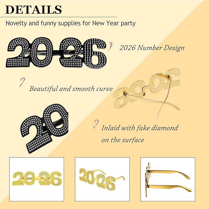 Konohan 6 Pcs 2026 New Year Eve Glasses Glitter Number Sunglasses Eyeglasses for New Years Party Supplies Festival Photo Prop (Gold Black)