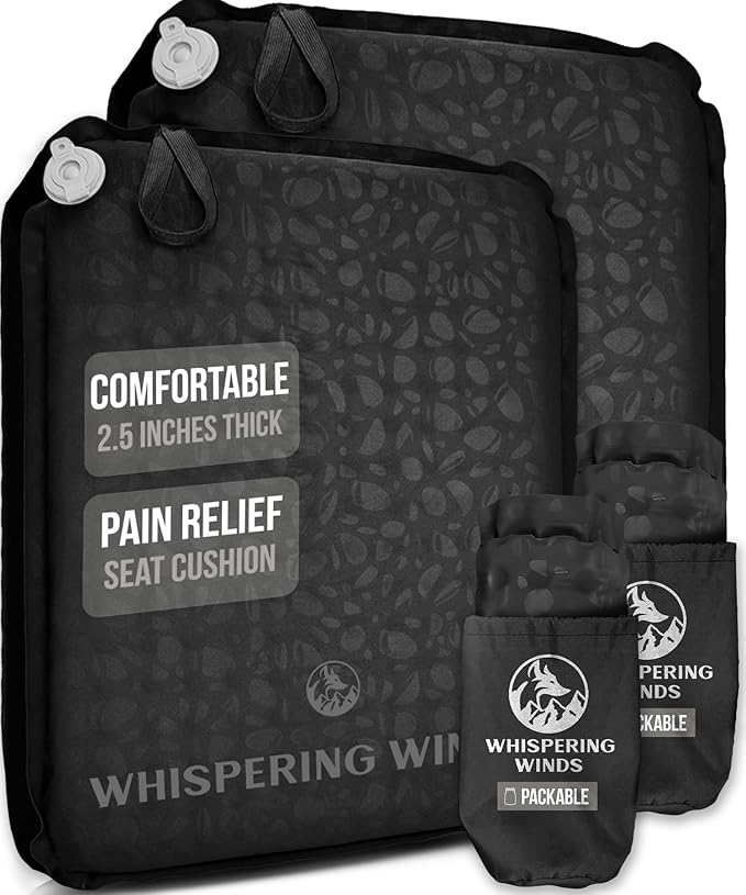 Whispering Winds Inflatable Seat Cushion - Comfortable Blow-up Foam Pad for Airplane, Travel, Stadium, Outdoors, Camping, Car & More