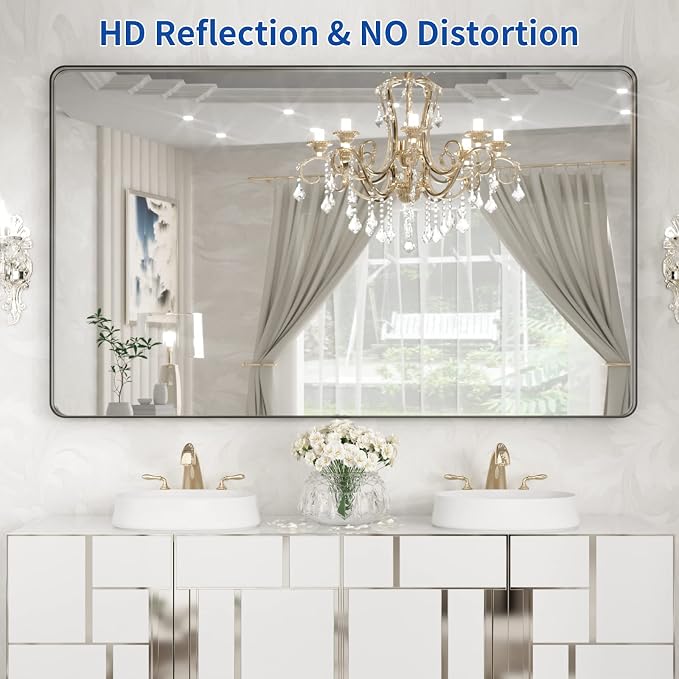 WEER Black Metal Framed Mirror, 60X36 Inch Rectangular Matte Black Wall Mirror for Bathroom, Rounded Corner Black Bathroom Vanity Mirror, Tempered Glass, Anti-Rust, Hangs Horizontal or Vertical
