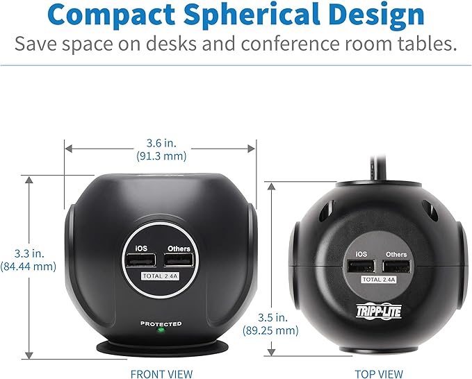 Tripp Lite Surge Protector 3-Outlet Spherical Surge Protector, 4 USB Ports (4.8A Shared) - 6-ft. (1.83 m) Cord, 5-15P Plug, 540 Joules, Black (TLP36USB)