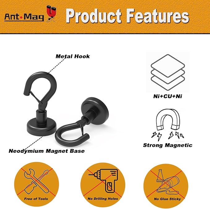 Ant Mag Black Magnetic Hooks Heavy Duty with Snap 22lbs Strong Magnet Hooks Great Hanging for Refrigerator, Cruise Cabin, Grill, Wreath,Kitchen,Office 16 Pack
