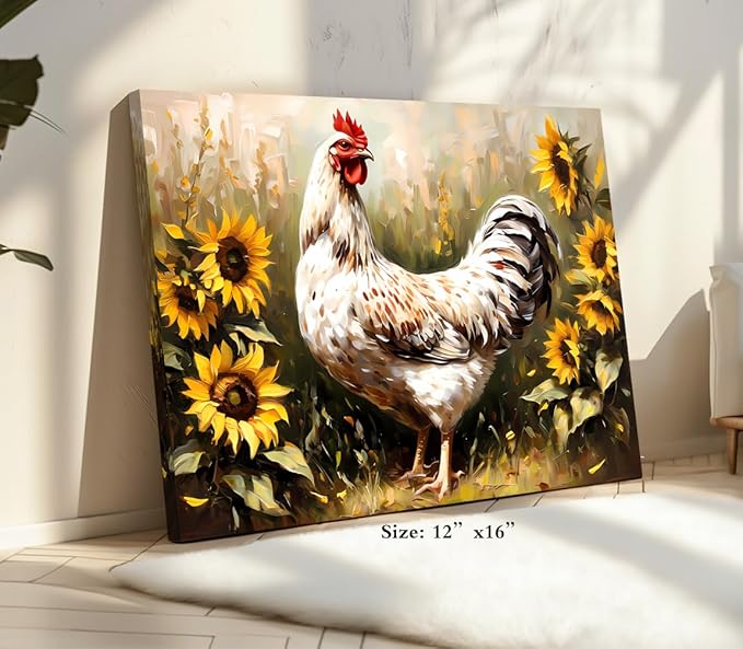 ZOIYINO Farmhouse Rooster Wall Art,Chicken Farm Kitchen Wall Art,Rustic Sunflower Chicken Barn Pictures Wall Decor,Sunflower Rooster Poster for Kitchen Bathroom Dining Room Decor(16"x12")