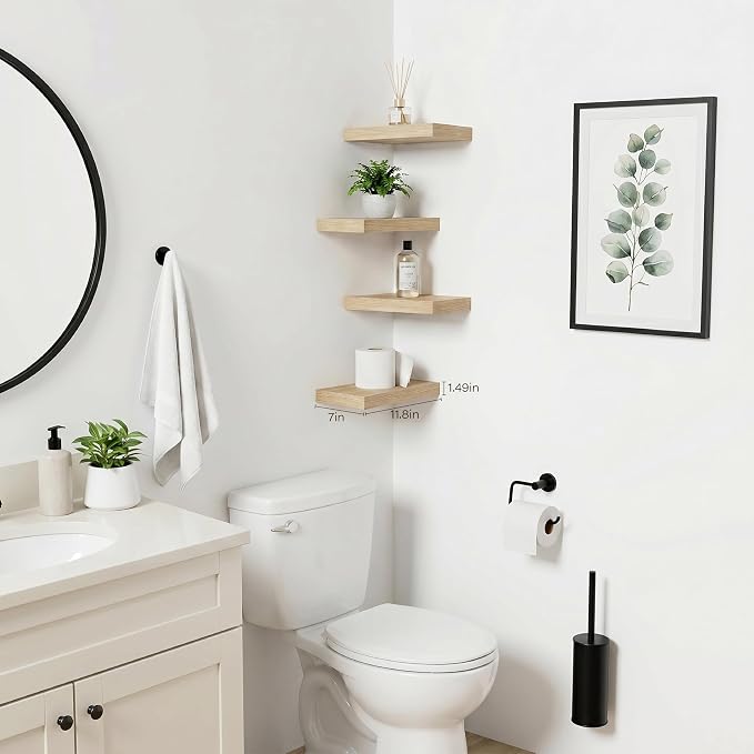 Oak Floating Shelves for Wall Set of 2, 11.8 Inch Small Wood Wall Shelves for Bathroom Over Toilet, Kitchen & Bedroom Storage, Wall Mounted Shelves for Spice Jars, Plants & Decor