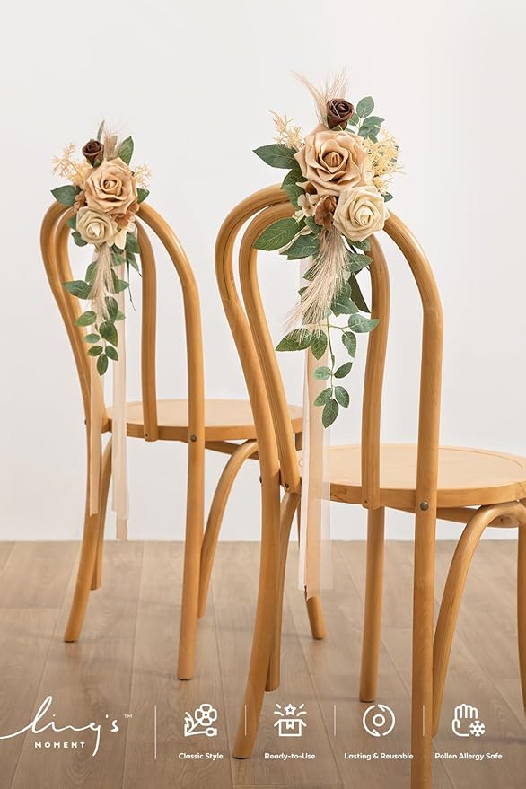 Ling's moment 8 Wedding Artificial Aisle Pew Flowers Chair Decorations Arrangements with Chiffon Ribbons Begie for Ceremony Reception Chair Back Floral Decor Reception Church Party Outdoor
