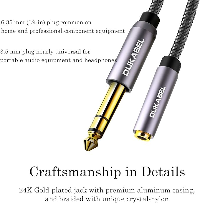 DUKABEL TopSeries Long 1/4'' Male to 1/8'' Female Adapter Cable (16ft/5M) 6.35mm to 3.5mm Phone Audio Connector Quarter Inch Adapter for Mixer Guitar Piano Amplifier Speaker and More