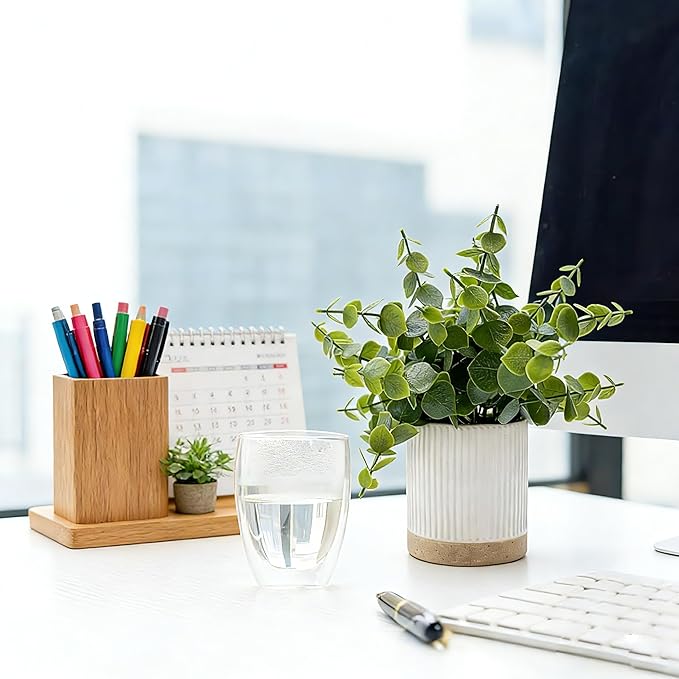 Coferset Small Fake Eucalyptus Potted Plants 9.5" Indoor Fake Plants Small Artificial Eucalyptus with Ceramic Pot-Realistic Greenery for Shelf Office Desk Home Bathroom Table Decor