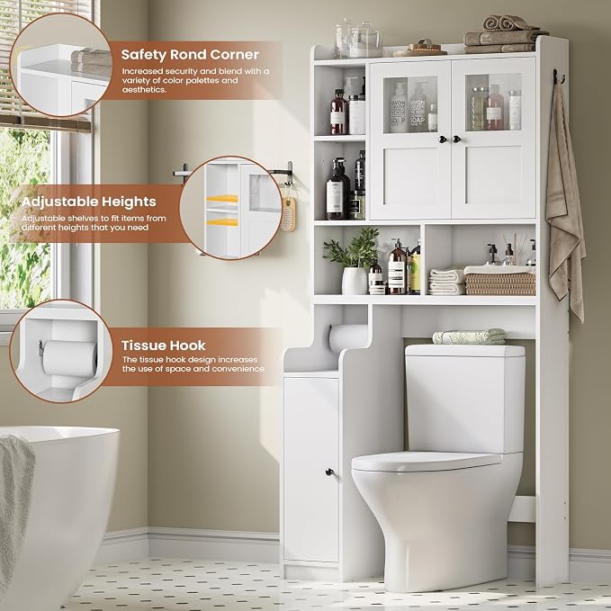 Itaar Over The Toilet Storage Cabinet, Over Toilet Bathroom Organizer with Glass Doors & Toilet Paper Holder Stand, Home Space-Saving Toilet Rack, for Bathroom, Restroom, Laundry(White)