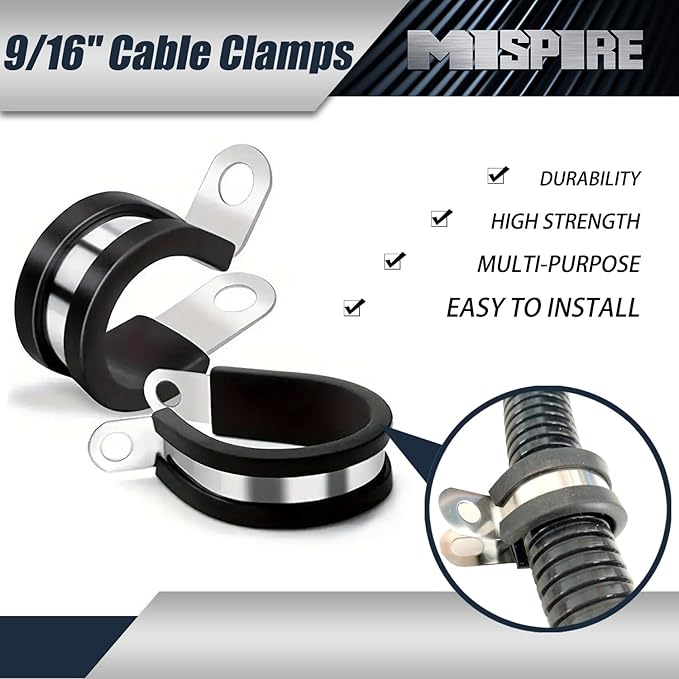 MISPIRE 9/16 Inch R-Type Cable Clamps, 25 Pcs, Stainless Steel with Rubber Insulation, Black