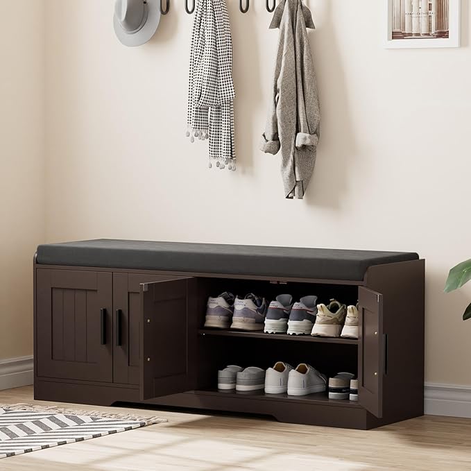 2-Tier Storage Bench, Shoe Bench with Thickened Padded Seat Cushion, Entryway Bench with 4 Doors, Adjustable Shelf, 13.8" D x 45.3" W x 18.5" H, for Entryway, Living Room, Bedroom, Brown