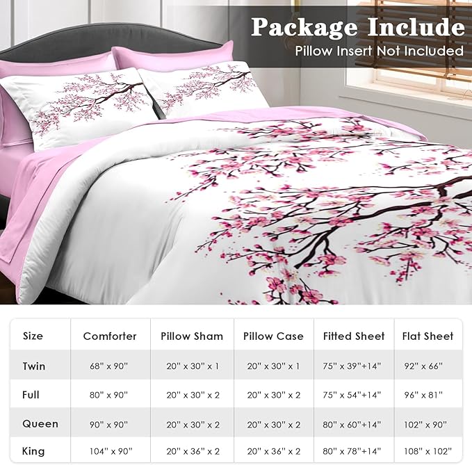 Comforter Set Twin Size, Japanese Cherry Blossom 5 Pcs Bedding for Kids and Adults, Flower Painting Pink Bed Sheet Sets with Fitted Sheet Pillowcase & Sham for Bedroom Bed Decor