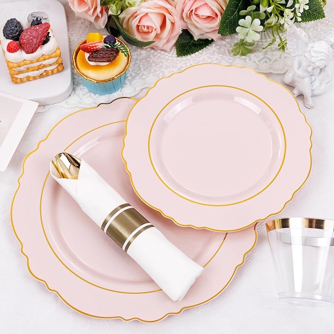 Liacere 350PCS Pink Plates Disposable - Pink and Gold Plates 50guest Baroque Plastic Dinnerware include 100Plates, 50Pack Pre Rolled Napkins with Silverware 50Cups Perfect for Valentine's Day