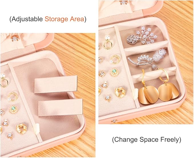 LANDICI Small Jewelry Box for Women Girls, PU Leather Travel Jewelry Case, Portable Jewelry Organizer Storage Holder Display for Ring Earrings Necklace Bracelet Bangle Men Kids Gift, Pink