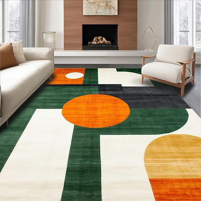 Flatwoven High Traffic Area Rug 6x9, Mid Century Modern Geometric Rug Retro Style, Non Slip, Stain Resistant, Washable Area Rugs for Living Room, Bedroom (Orange, 6x9)