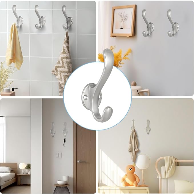 8 Pack Coat Hooks Wall Mount Heavy Duty Utility Retro Double Hooks for Hanging Coats,Hat, Towel, Key, Robe, Scarf, Bag, Cap (Silver)