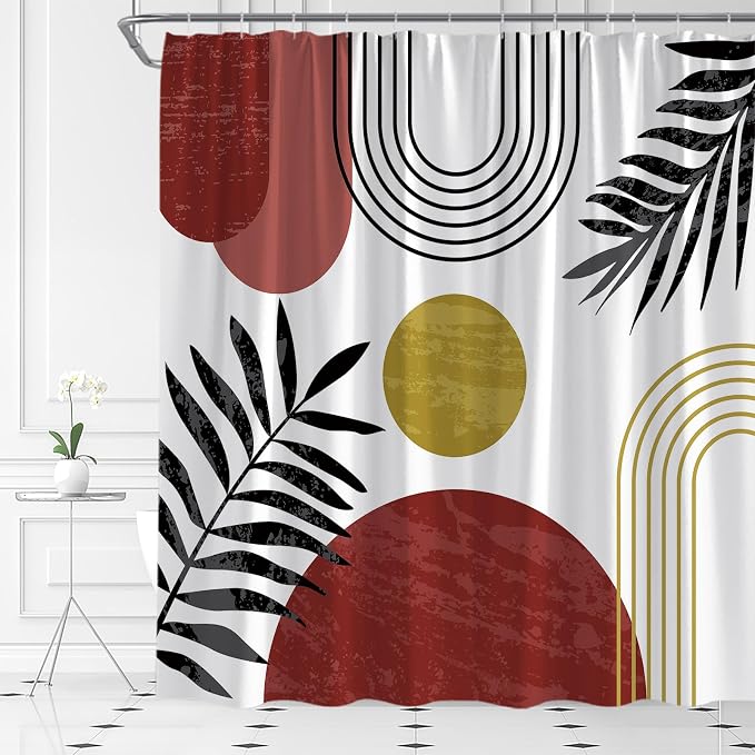 Mid Century Modern Shower Curtain Boho Red Abstract Retro Aesthetic Fabric for Bathroom Decor Bathtub with Hooks (59" WX70 H)