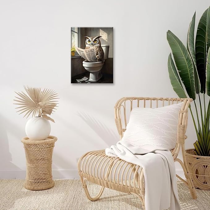 Owl Bathroom Wall Art, Funny Owl Toilet Pictures Wall Decor, Bird Canvas Prints, Animal Painting, Framed Artwork for Bathroom Living Room Bedroom Office Dining Room 20"X16"