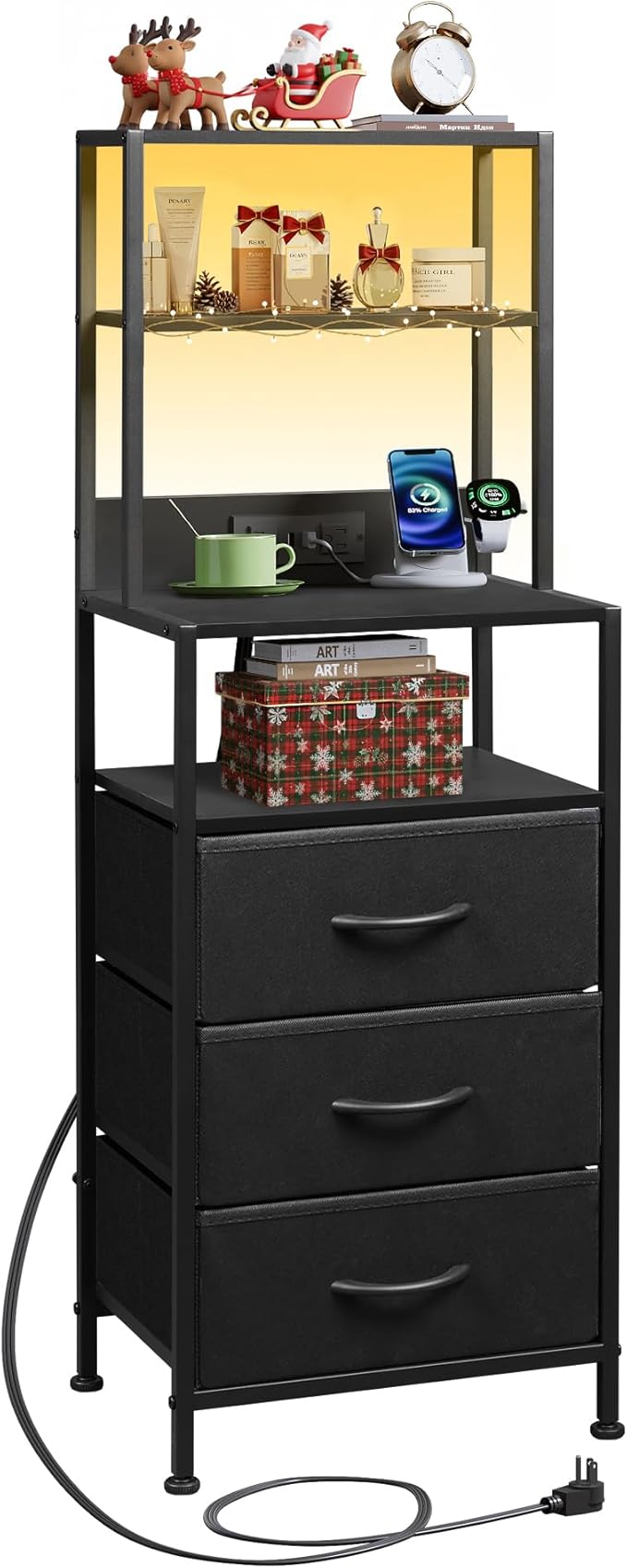 WLIVE Tall Nightstand with Charging Station, LED Night Stand with 3 Fabric Drawers and Storage Open Shelves, Bedroom Nightstand table, Bed Side Table for Living Room, Black
