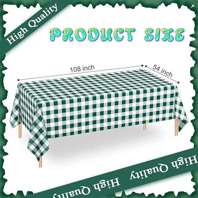 WNINK 2 Pack Green and White Checkered Rectangular Plastic Tablecloths, Green Gingham Waterproof Disposable Table Covers 54" x 108" for Birthday, Wedding, Outdoor Picnic Camping Parties