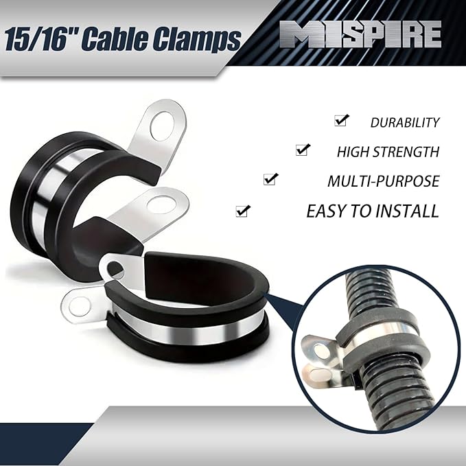 MISPIRE 15/16 Inch Rubber Cable Clamps, 25 PCS, 304 Stainless Steel, Black