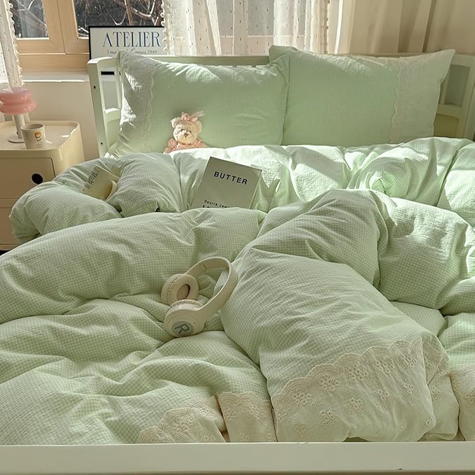 LifeTB Green Gingham Duvet Cover Twin 3 Pieces Romantic Lace Duvet Cover Soft Washed Microfiber Green Grid Plaid Comforter Cover with 2 Pillowcases Farmhouse Checkered Gingham Bedding Set