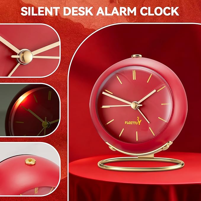 FLOITTUY Silent Table Analog Alarm Clock No Ticking, Lighted on Demand and Battery Operated, Beep Sounds, Small Desk Clock(Tomato Red)