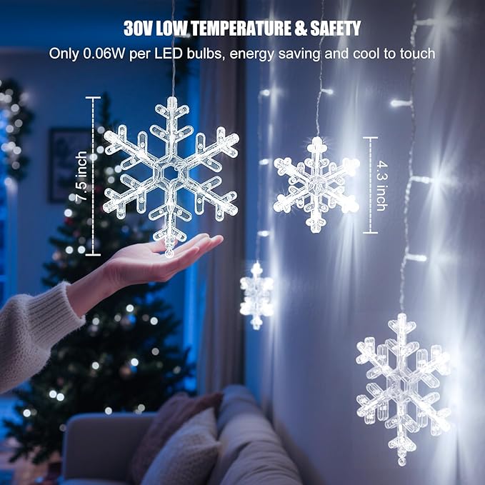 Christmas Snowflake Icicle Lights - 13ft 192LED Snowflake Drops, 12 Modes and Timer, IP65 Waterproof Connectable Christmas Lights for House Eave Window Indoor Outdoor, White