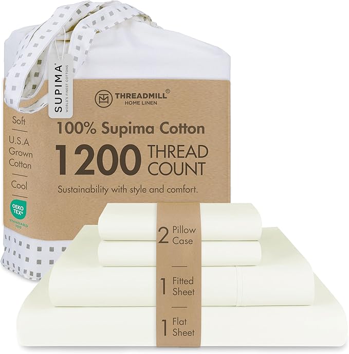 Threadmill Luxury Supima Cotton Sheets, Luxury 1200 Thread Count Soft 100% Cotton Sheets for Full Size Bed, 4 Pc Ivory Bed Sheets Full Set, 5-Star Hotel Quality Deep Pocket Bed Sheets Set