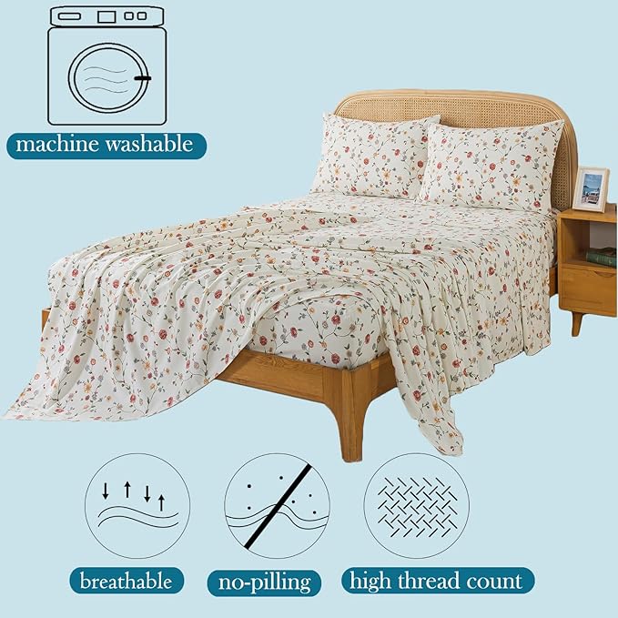Zusbest Queen Sheet Set 100% Percale Cotton Off White Floral Bed Sheet Set, Brushed for Extra Softness, Breathable Luxury Flannel Sheets Like Pink Flower Print Deep Pocket Sheets 17.5'' 4 Pcs
