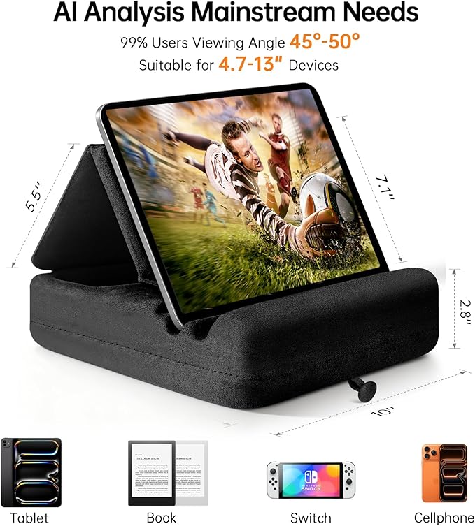 TpeeTeek Tablet Pillow Stand with Storage, Foldable iPad Holder for Lep, Bed, Sofa, and Desk - Soft Pad Dock with Pocket and Stylus Mount Compatible with 4-13" iPad Pro/Air/Mini, Galaxy Tab, Kindle