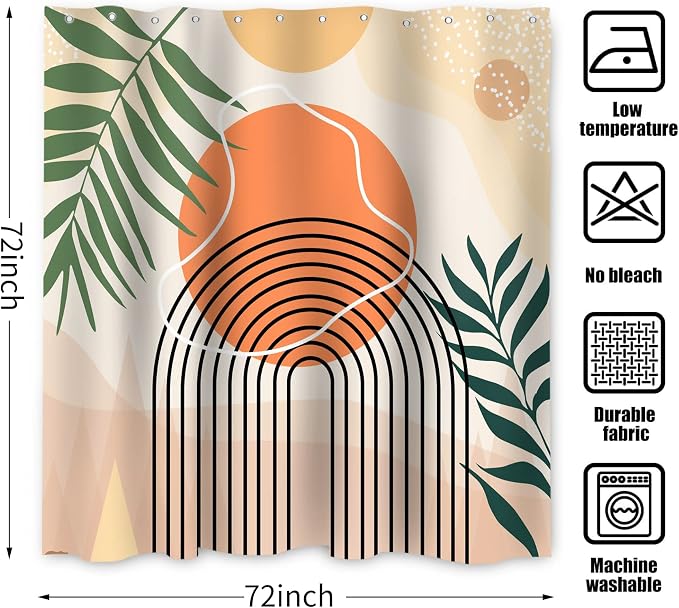 Boho Shower Curtain, Abstract Mid Century Modern Arch Sun Tropical Leaf Machine Washable Waterproof for Bathroom Bathtub with Hooks 72x72