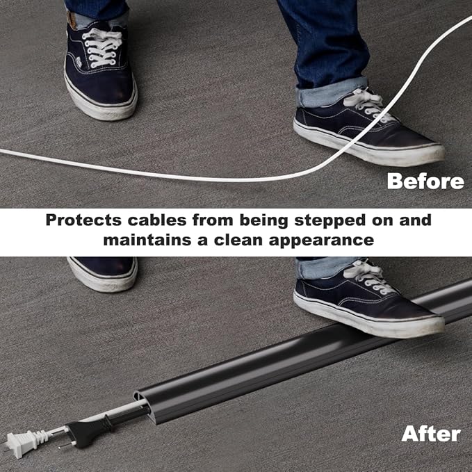 Kneelisa 4FT Side-Open Extension Cord Covers for Wires on Floor,Silicone Power Cable Protector Cord Hider Management Strip,Hide Electric Wire on Carpet,Chord Runner Protective Safety Wiremold,Black