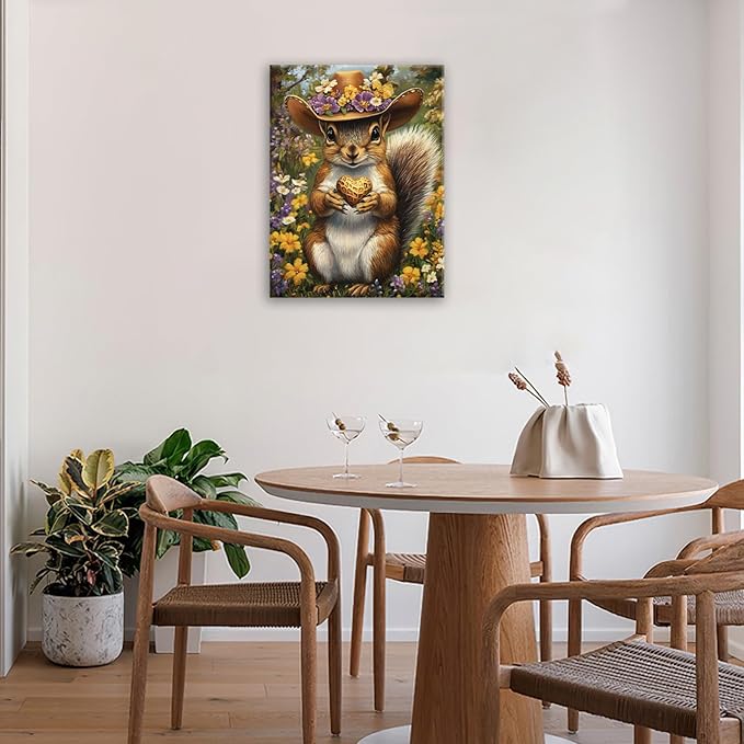 Western Squirrel Wall Art, Squirrel Peanut Pictures Wall Decor, Country Rustic Animal Canvas Prints, Forest Flower Painting, Framed Artwork for Bathroom Living Room Bedroom Dining Room 20"X16"