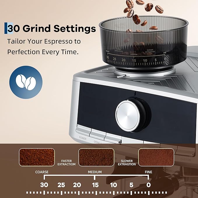 20 Bar Espresso Machine with Built-in Grinder, Stainless Steel Coffee Maker with Milk Frother Steam Wand, 1.5L Removable Water Tank, Adjustable Shot Volume for Home & Office