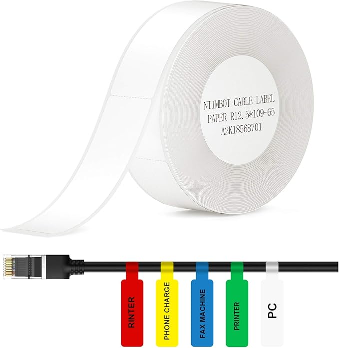 NIIMBOT Thermal Label Maker Paper 0.5" 4.3" Stickers Waterproof Tear-Resistant Replacement for D11/D110 Label Printer Office&Home Cable 65 Labels/Roll (White)