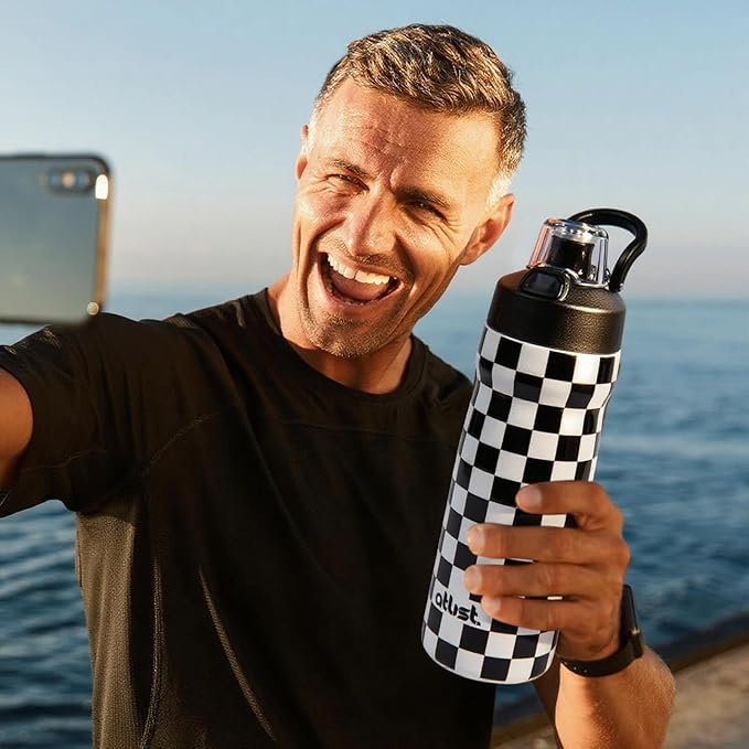 Magnetic Water Bottle with Straw 18 oz - Stainless Steel Insulated Tumbler for Gym & Bike (Fits Holders) - Leak Proof Pop-Up Lid, 2-in-1 Sip or Chug, Handle & Cute Black Checkered Print