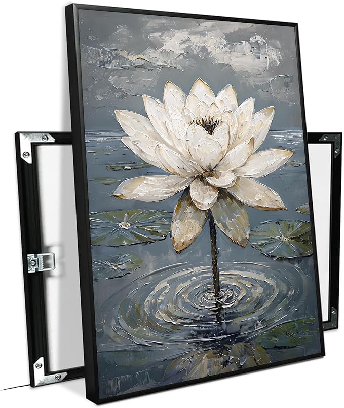 Stunning white lotus emerges from prismatic water with delicate petals background Serene aquatic wall art suitable for modern minimalist decor 12x18in Metal blackFramed