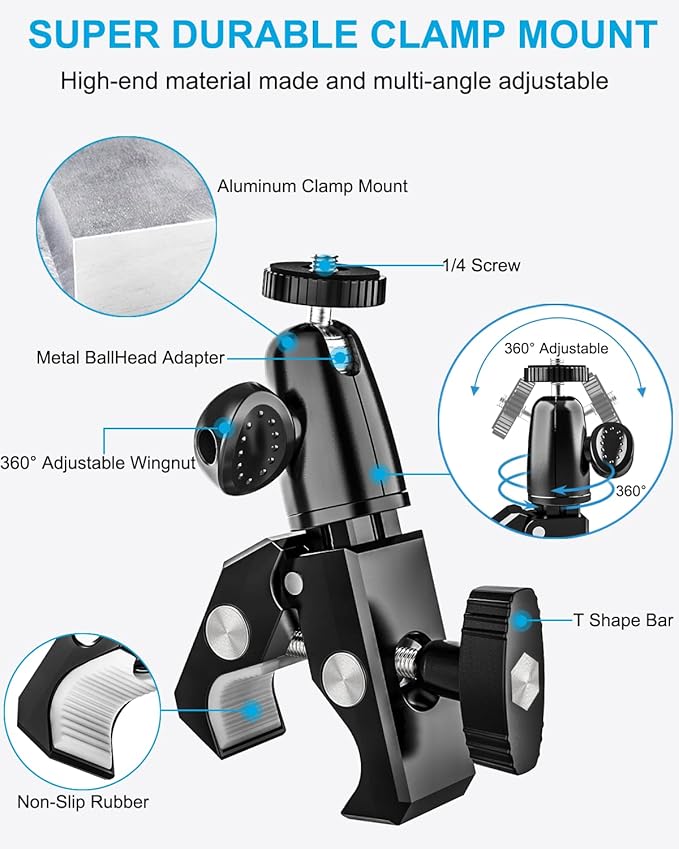 woleyi Large Tablet Mount Holder with 1/4" Screw Thread for Spin Bike, Treadmill, Microphone Stand, Tripod Adapter, Exercise Bicycle, Handlebar, for iPad Pro 13 Air & 9.5-14.5" Tablet, Gopro, Camera