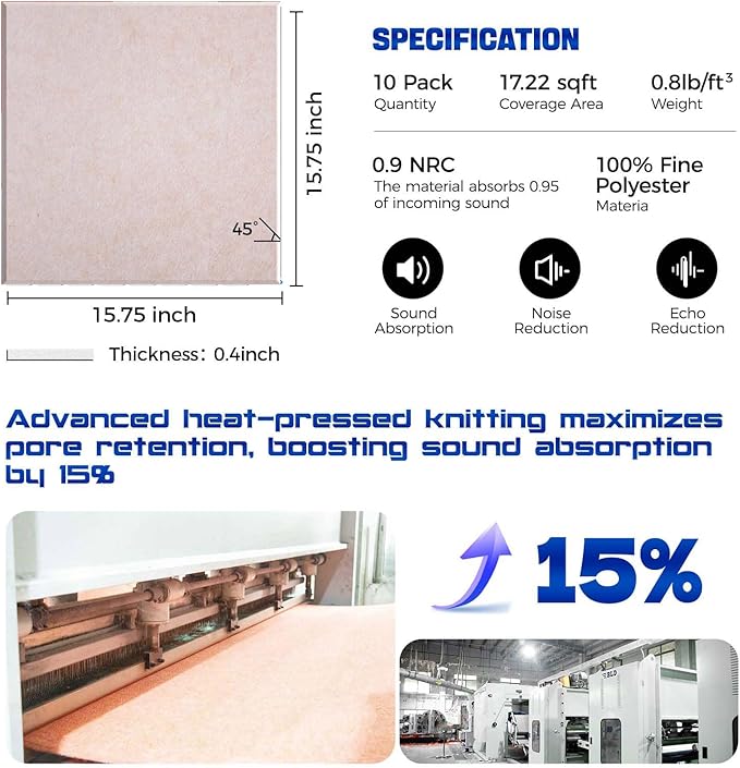 10 Pack Large Soundproof Wall Panels, 15.7 x 15.7 x 0.4 in Sound Proof Foam Panels for Walls, Cork Boards Alternative,Acoustic Panels, Sound Dampening Panels Camel