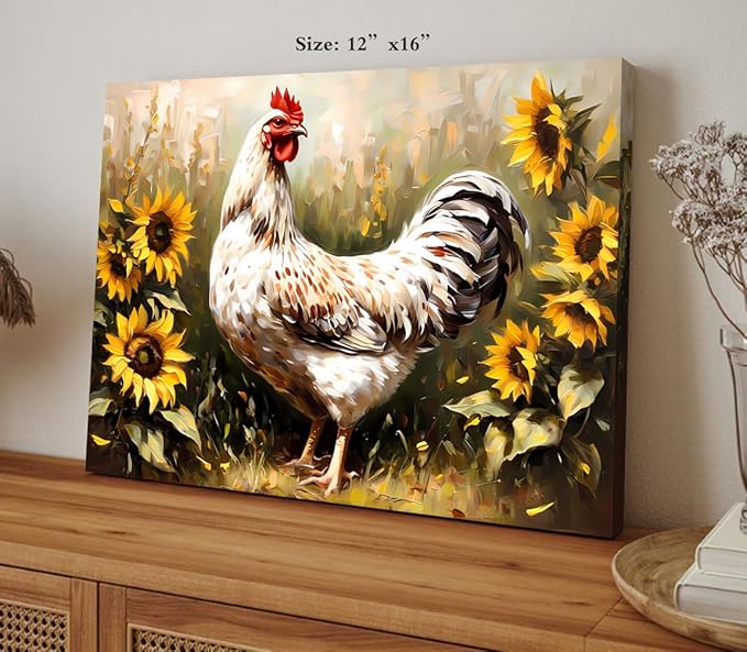 ZOIYINO Farmhouse Rooster Wall Art,Chicken Farm Kitchen Wall Art,Rustic Sunflower Chicken Barn Pictures Wall Decor,Sunflower Rooster Poster for Kitchen Bathroom Dining Room Decor(16"x12")
