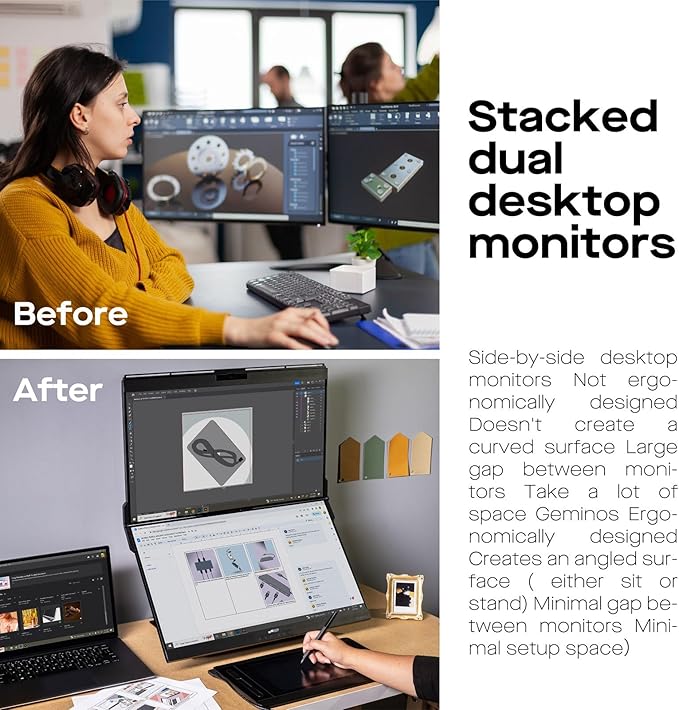 Mobile Pixels Geminos, Dual 24" IPS Stacked Computer Monitors with 65W USB-C Charging, with Adjustable Viewing Angle and 1080p Webcam and 3W Speakers, Multiport Docking Station (Desktop Monitor)
