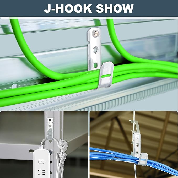 COCODE 50 Pack 3/4’’ J Hooks Cable Hangers Without Retainer Clip Galvanized Steel Wall Mount Heavy Duty Utility Hooks Cable Management for Structured Cabling
