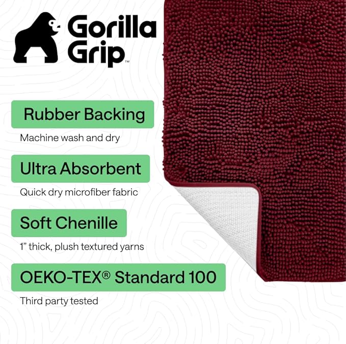 GORILLA GRIP Bath Rug Mat 30x20, Thick Soft Absorbent Chenille, Quick Dry Microfiber Mats, Rubber Backing Washable Shower Floor Rugs, US Designed Bathroom Bathmat Home Decor Accessories, Burgundy