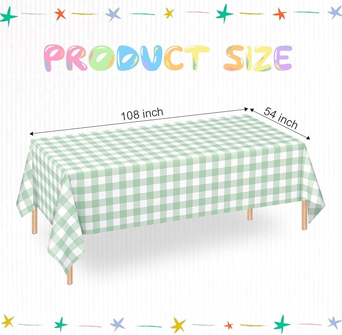 WNINK 3 Pack Sage Green Checkered Rectangular Plastic Tablecloths, Green Gingham Waterproof Disposable Table Covers 54" x 108" for Birthday, Baby Shower, Wedding, Outdoor Picnic Parties