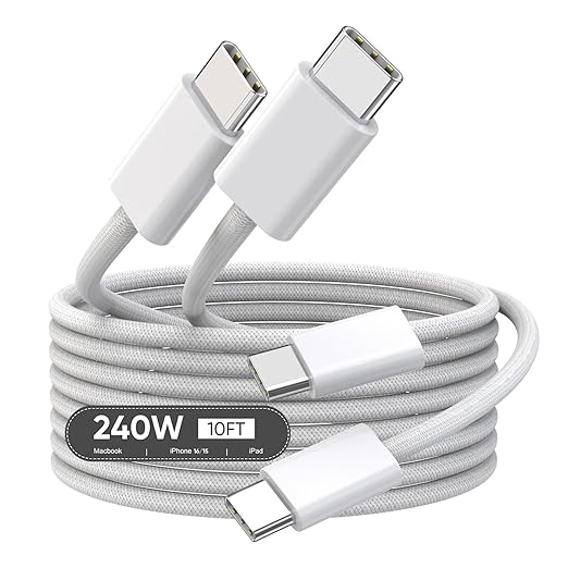 USB C to USB C,240W USBC Woven Charge Cable,10FT 2Pack Long USBC Cable Fast Charging Cord for Apple MacBook Pro/MacBook Air,iPad Pro/Air,iPad mini,iPhone 16e 16 15 ProMax Compatible 140W/100W/60W/45W