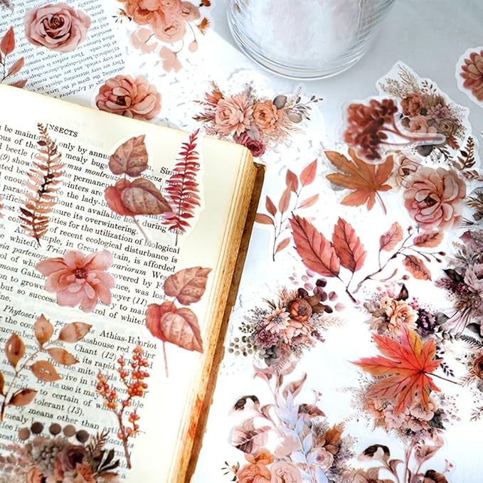 Obujopal 100 Pcs Autumn Flower Stickers for Scrapbooking Junk Journal Card Making CollageNotebook Diary Planner Letter Envelope Water Bottle Phone Case Craft Decoration (Autumn)