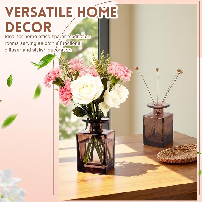 150ML/5OZ Square Amber Glass Diffuser Bottles Empty Refillable Vintage Diffuser Jars Decorative Aromatherapy Containers for Home Office(Excluding Aromatherapy Sticks)