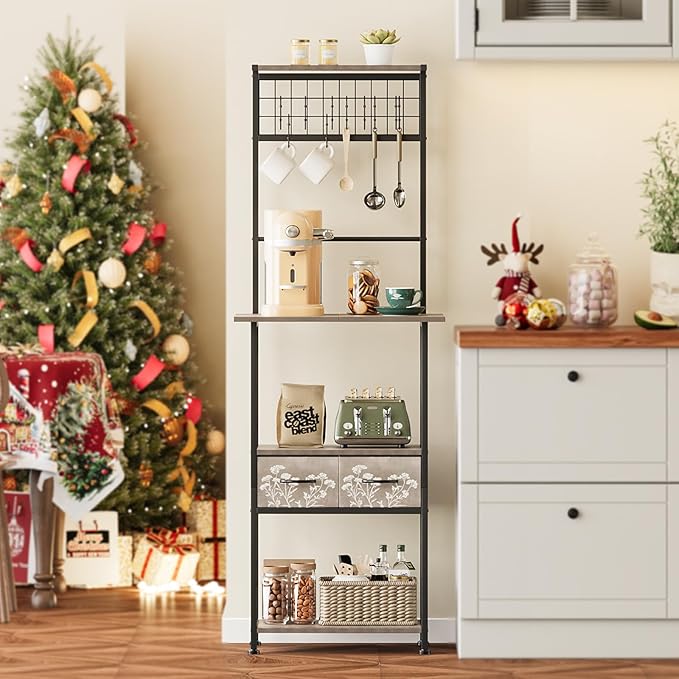 GiftGo Small Coffee Bar Station Narrow Corner Baker Rack Stand with 2 Storage Fabric Drawers 5 S Hooks for Small Spaces Farmhouse Bakers Rack for Kitchen, Entryway, Living Room (Grey, Narrow)