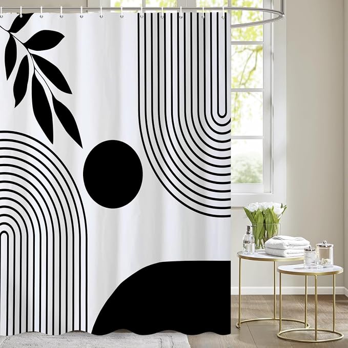 Boho Shower Curtain Mid Century Modern Shower Curtains for Bathroom Black and White Geometric Minimalist Abstract Bohemian Waterproof Fabric Bathroom Shower Curtain Set 60x72 Inch