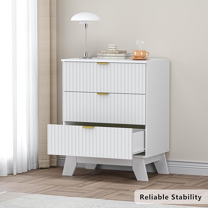 BORNOON Fluted 3 Drawer Dresser, 30.3" Tall Compact Modern Boho Chest of Drawers, Wooden Storage Cabinet for Bedroom, Living Room, Entryway, Curved Profile Design