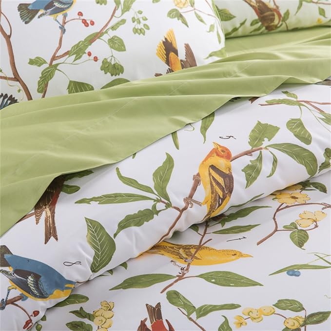Brandream Duvet Cover King Size 3 Piece Farmhouse Floral Bedding Set Pastoral Style Classy Elegant 100% Egyptian Cotton 1 Duvet Cover with Button Closure and 2 Pillow Shams, Green